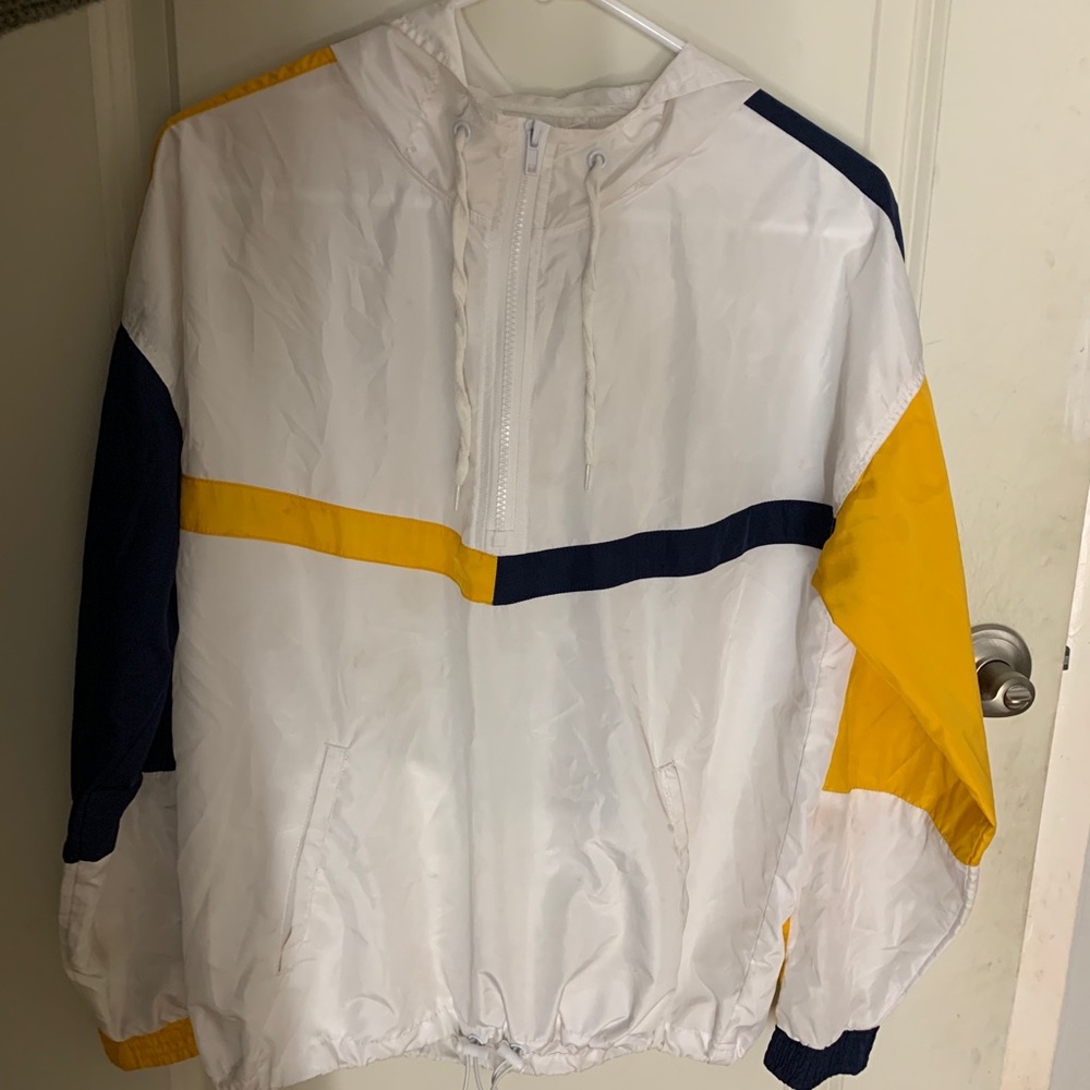 White blue and yellow windbreaker
